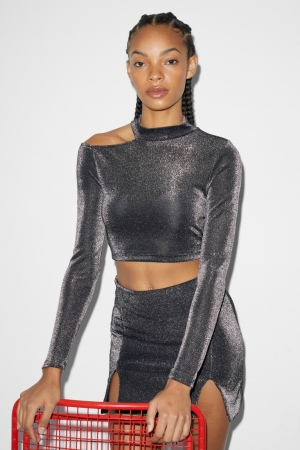 Αριστος C&A Clockhouse Cropped Long Sleeve Shiny μαυρα | CWRANG-986