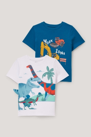 μπλουζακια C&A Multipack Of 2 Dinosaur And Digger Sleeve μπλε ασπρα | ROSYWD-207