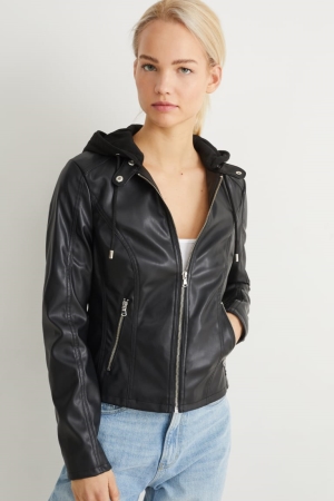 μπουφαν C&A With Hood Faux δερματινα μαυρα | SGTUXL-372