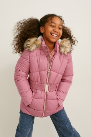 μπουφαν C&A Καπιτονέ With Hood, Faux Fur Trim And Belt σκούρο ροζ | OBUGPM-506