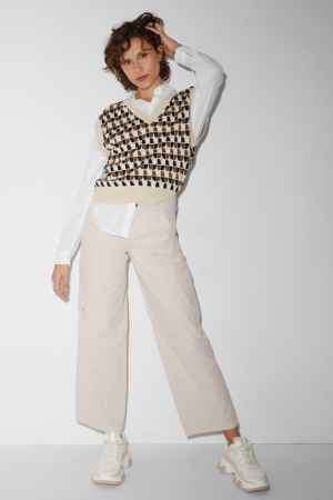 παντελόνι C&A Clockhouse Cloth High waist Ευθεία Fit Μπεζ | CFGERA-046