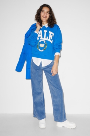 παντελόνι C&A Clockhouse Corduroy High waist φαρδια Leg μπλε | RCDJMB-608