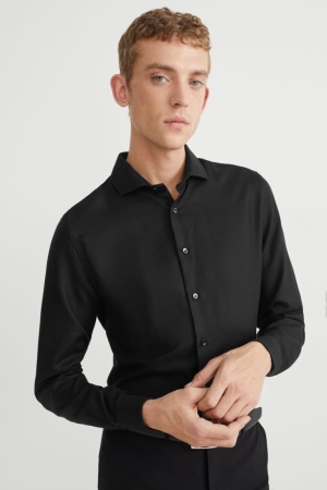πουκαμισα C&A Business Slim Fit Cutaway Collar Easy-iron μαυρα | LGSQJO-589