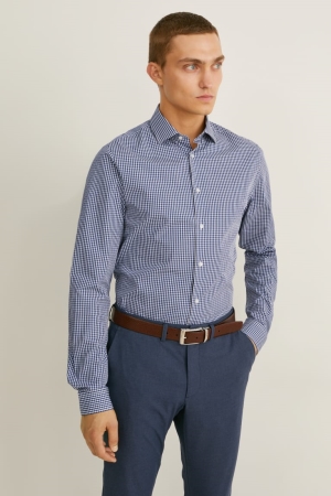 πουκαμισα C&A Business Slim Fit Extra-long Sleeve s Easy-iron σκούρο μπλε ασπρα | CUHDZF-375