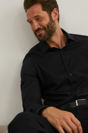 πουκαμισα C&A Business Slim Fit Kent Collar Easy-iron μαυρα | ZKUBIR-651