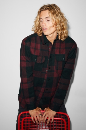 πουκαμισα C&A Clockhouse Relaxed Fit Kent Collar Check κοκκινα μαυρα | TOPLBH-281