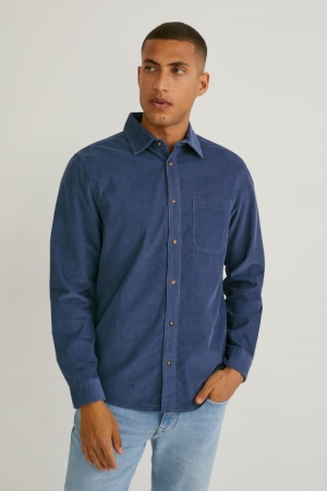 πουκαμισα C&A Corduroy Regular Fit κλασικα Collar μπλε | EBOLXN-748