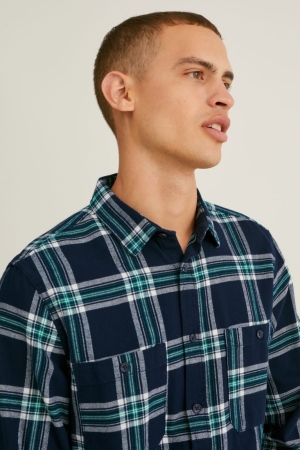 πουκαμισα C&A Flannel Regular Fit Kent Collar Check σκούρο μπλε γκρι | CSDUPN-037