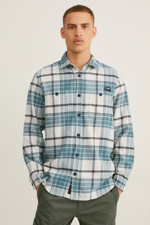 πουκαμισα C&A Flannel Regular Fit Kent Collar Check πρασινο ασπρα | EGJBPN-758