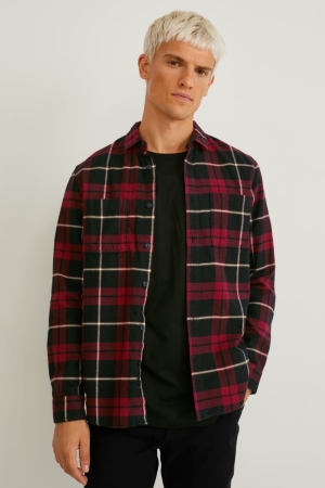 πουκαμισα C&A Flannel Regular Fit Kent Collar Check κοκκινα μαυρα | SKNTBY-842