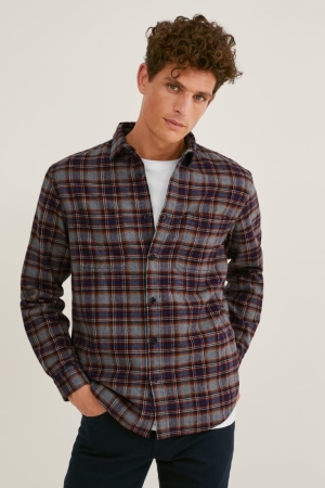 πουκαμισα C&A Flannel Regular Fit Kent Collar Check γκρι σκούρο κοκκινα | YCUVHS-089