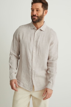 πουκαμισα C&A Linen Regular Fit Kent Collar Linen Made From European Flax® Μπεζ | GFASEB-205