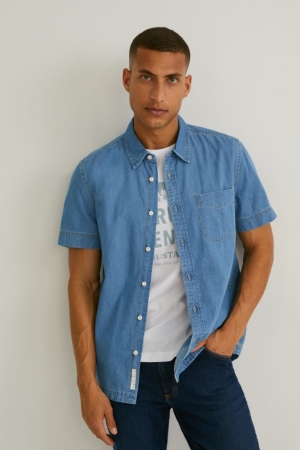 πουκαμισα C&A Mustang Denim Slim Fit Kent Collar μπλε ανοιχτο μπλε | BPSHCR-609