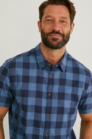 πουκαμισα C&A Mustang Slim Fit Kent Collar Check μπλε σκούρο μπλε | JNPLRW-587