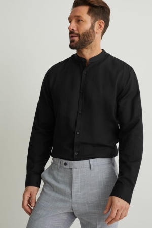πουκαμισα C&A Oxford Slim Fit Band Collar μαυρα | VNRTEY-160