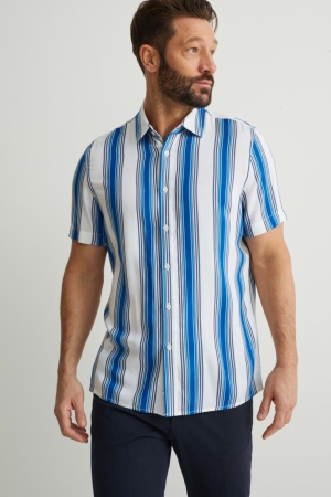 πουκαμισα C&A Regular Fit Kent Collar With Livaeco™ Fibres Ριγέ ασπρα ανοιχτο μπλε | LGMZWO-251