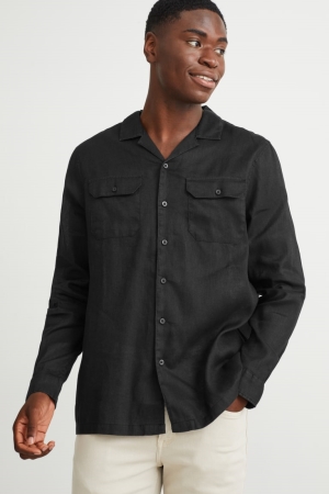 πουκαμισα C&A Regular Fit Lapel Collar Linen Blend μαυρα | HYKLOF-671