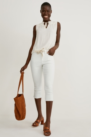 τζιν παντελονι C&A Capri With Belt Mid waist ασπρα | UCDWYE-812