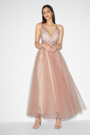 φορεμα C&A Clockhouse Fit & Flare Partywear Μπεζ | MSKGRO-780